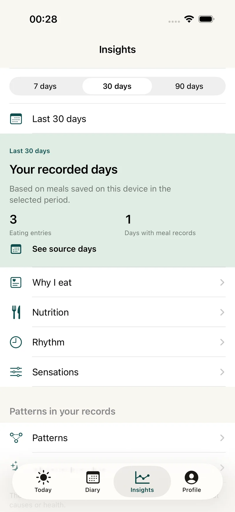 Basic summary of three synthetic meals on one day, without a pattern claim