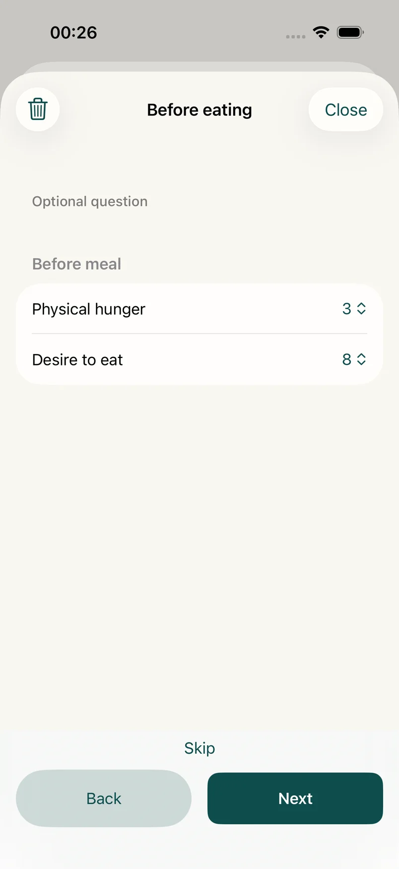 before-food physical hunger 3 and desire to eat 8