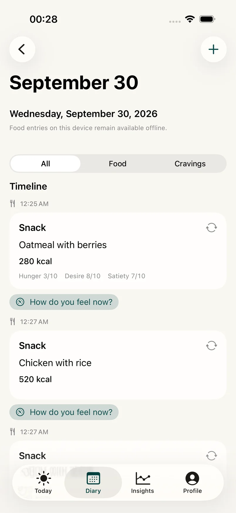 Diary with three synthetic meals