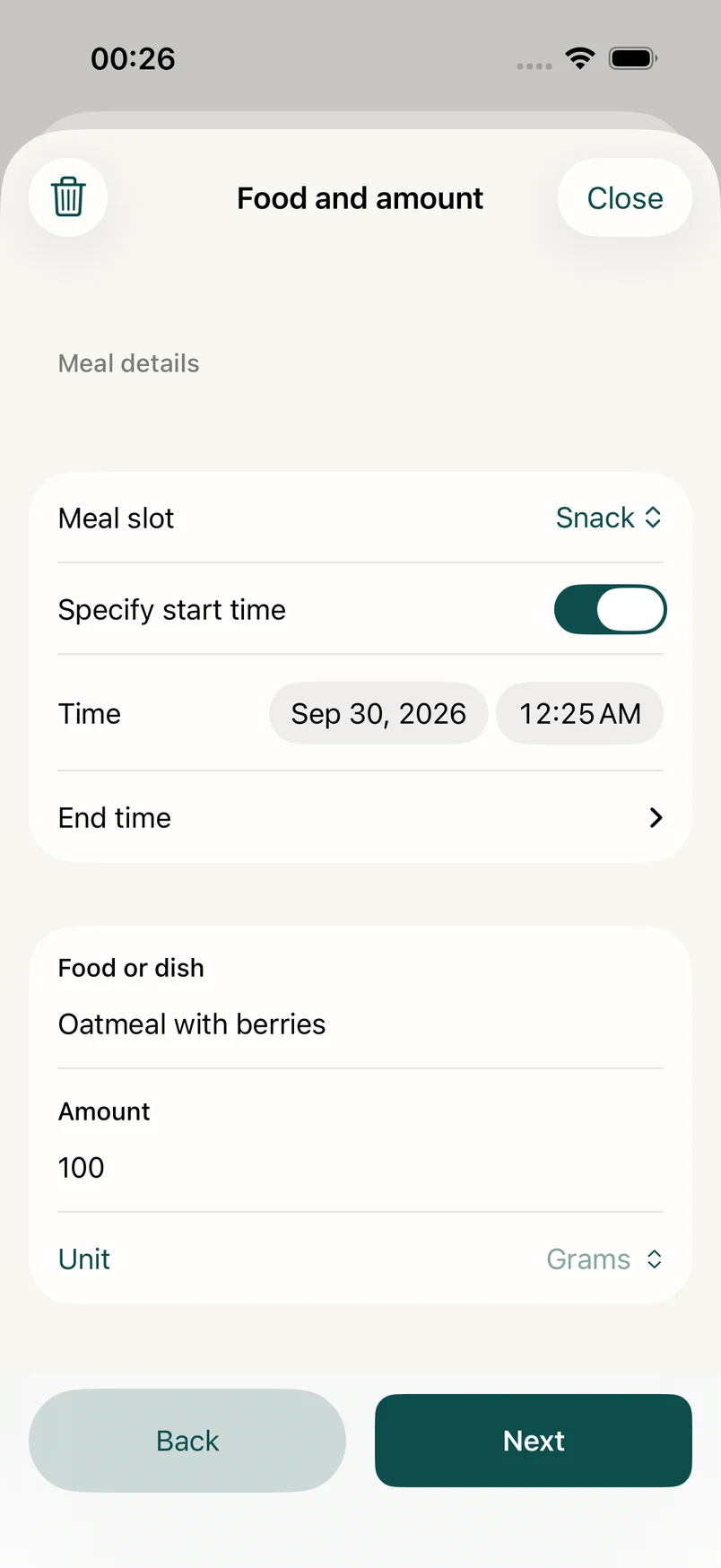 food entry for oatmeal with berries, 100 grams